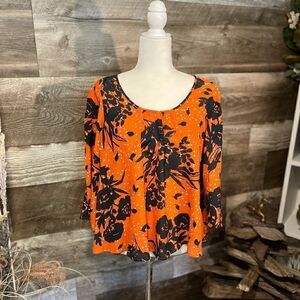 Trinity orange and navy floral scoop neck silk blouse - S